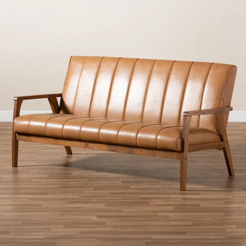 Nikko Tan Faux Leather Sofa with Walnut-Finished Wood Accents 9