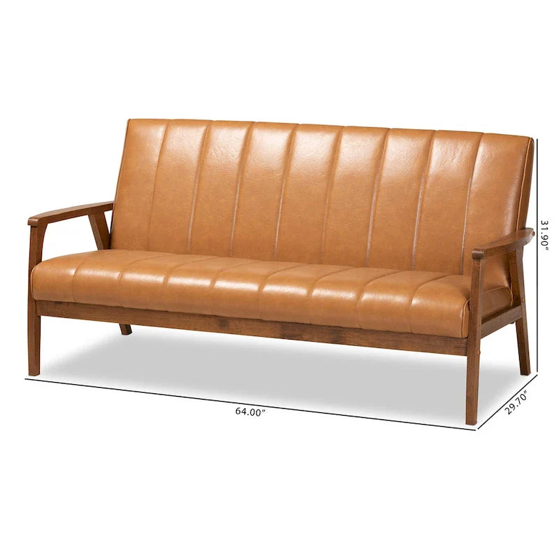 Nikko Tan Faux Leather Sofa with Walnut-Finished Wood Accents 10