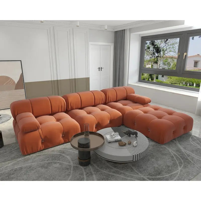 Contemporary Large Modular Sectional Sofa in Orange Velvet 3