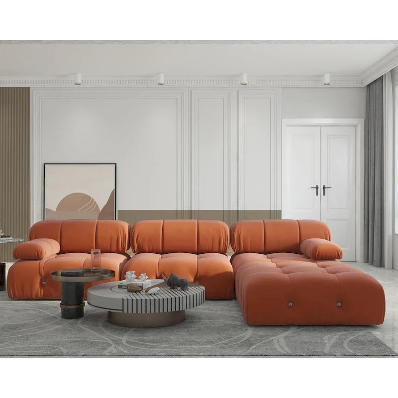 Contemporary Large Modular Sectional Sofa in Orange Velvet 4