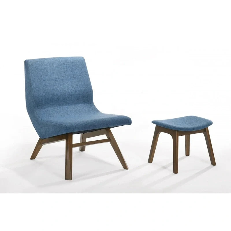 Modrest Whitney Contemporary Blue and Walnut Accent Chair with Ottoman