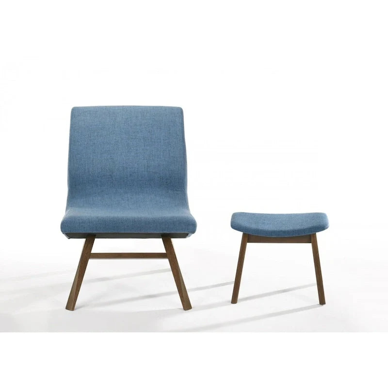 Modrest Whitney Contemporary Blue and Walnut Accent Chair with Ottoman