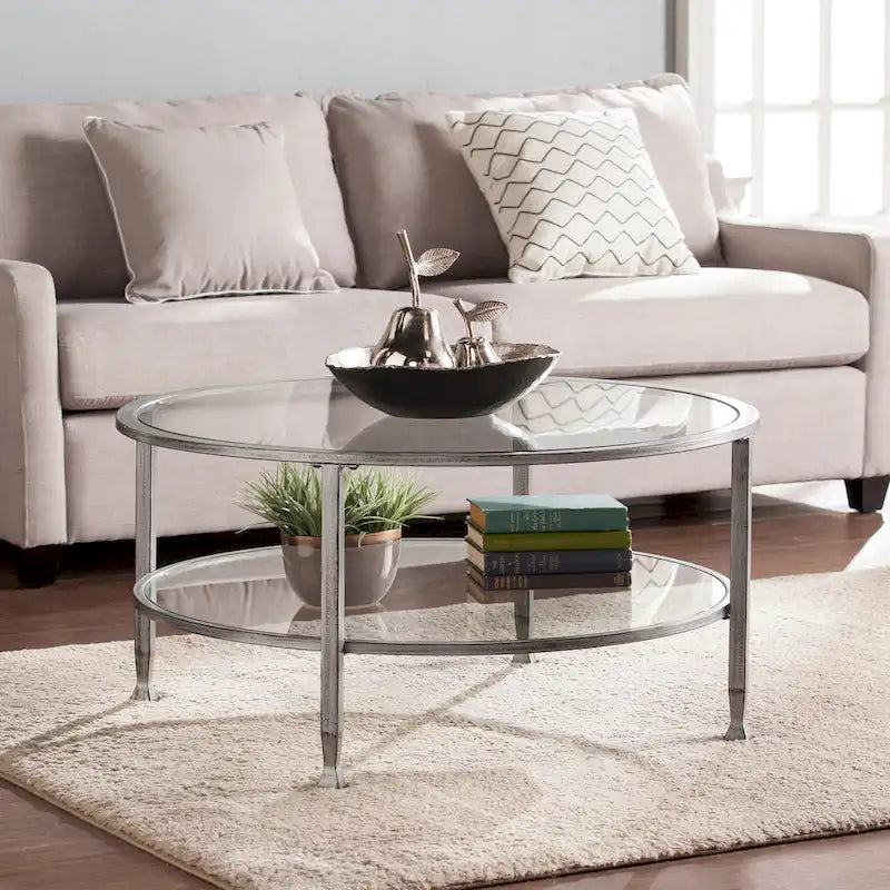 Glenn Distressed Silver Round Coffee Table with Glass Top and Shelf by SEI Furniture 1