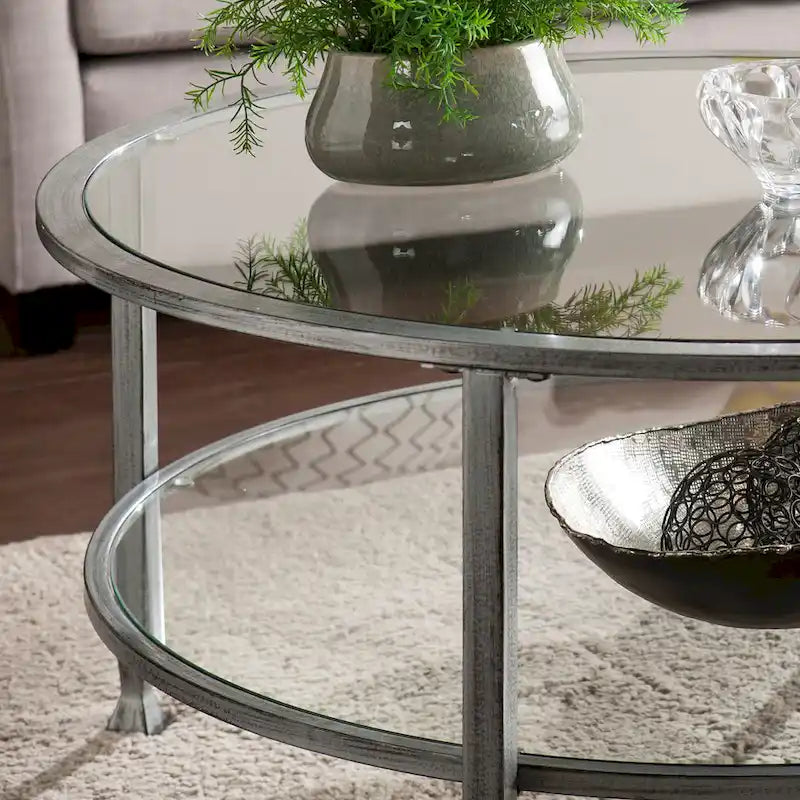 Glenn Distressed Silver Round Coffee Table with Glass Top and Shelf by SEI Furniture 2