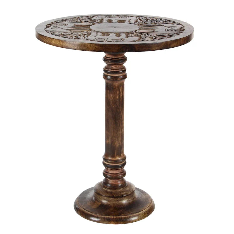 Intricately Carved Dark Brown Mango Wood Accent Table with Elephant or Floral Design and Turned Base - Roche River Decor 11