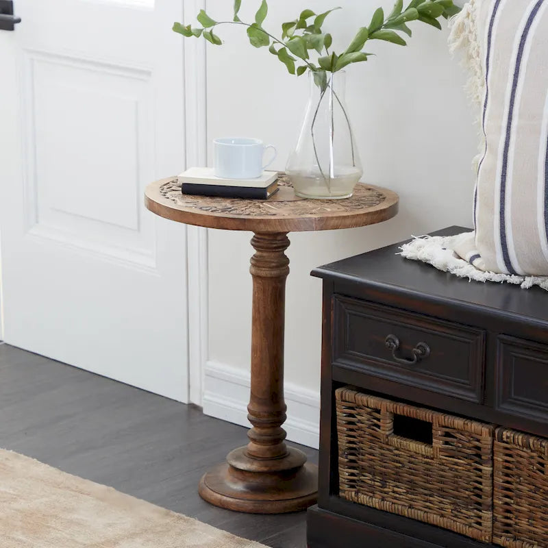 Intricately Carved Dark Brown Mango Wood Accent Table with Elephant or Floral Design and Turned Base - Roche River Decor 2