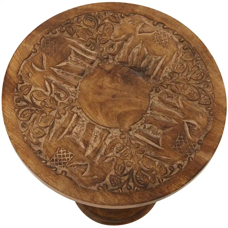 Intricately Carved Dark Brown Mango Wood Accent Table with Elephant or Floral Design and Turned Base - Roche River Decor 3