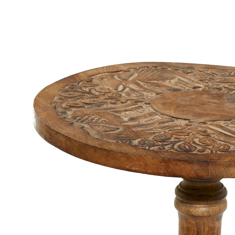 Intricately Carved Dark Brown Mango Wood Accent Table with Elephant or Floral Design and Turned Base - Roche River Decor 5