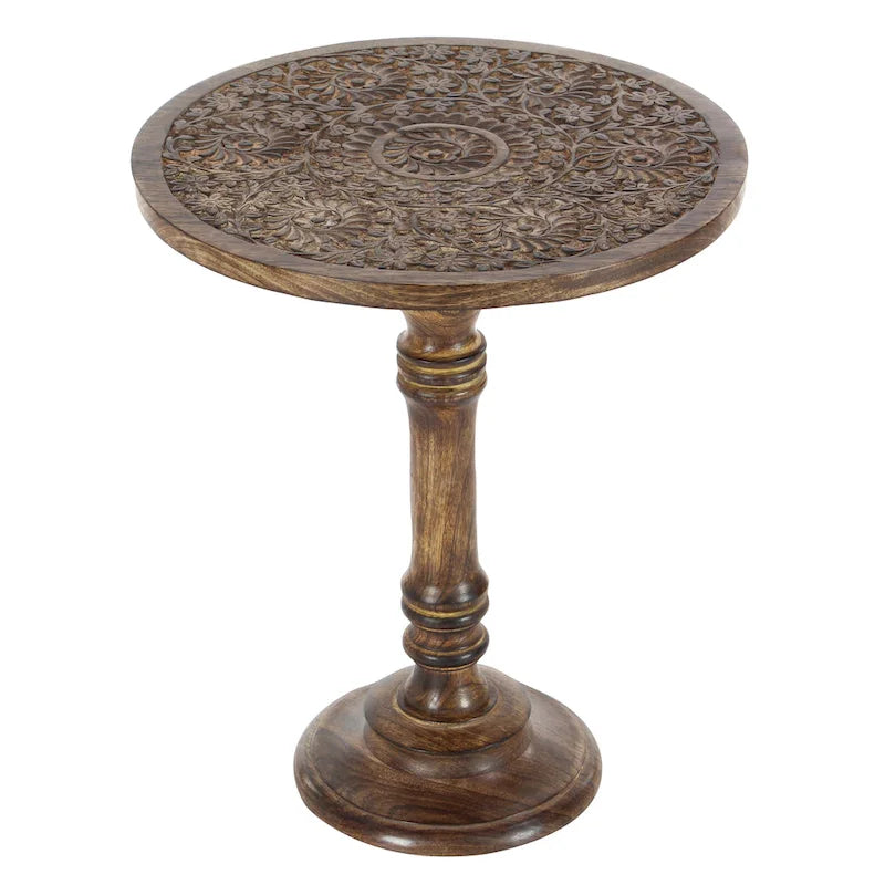 Intricately Carved Dark Brown Mango Wood Accent Table with Elephant or Floral Design and Turned Base - Roche River Decor 6