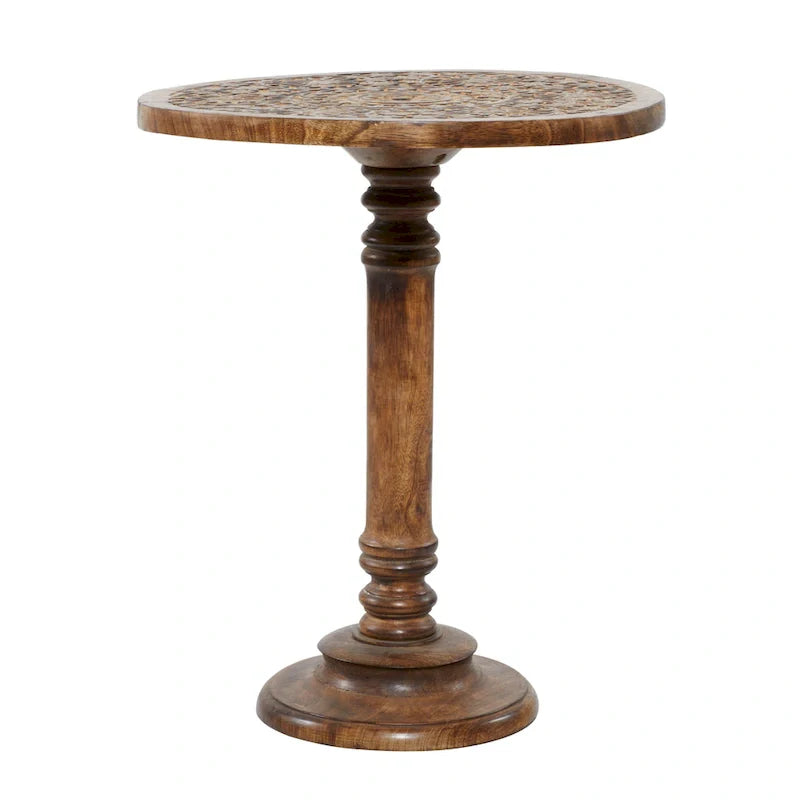 Intricately Carved Dark Brown Mango Wood Accent Table with Elephant or Floral Design and Turned Base - Roche River Decor 8
