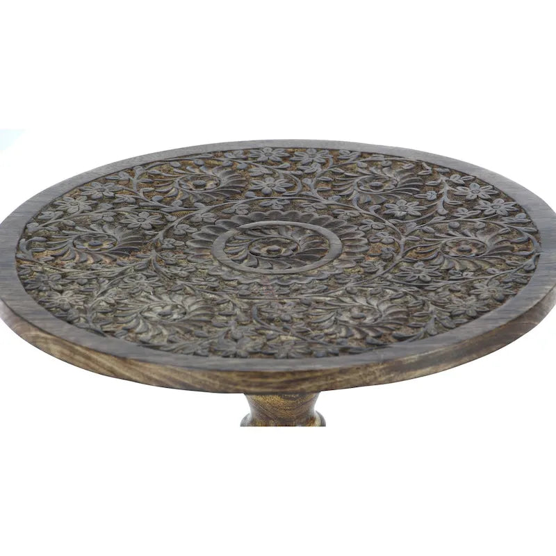 Intricately Carved Dark Brown Mango Wood Accent Table with Elephant or Floral Design and Turned Base - Roche River Decor 9