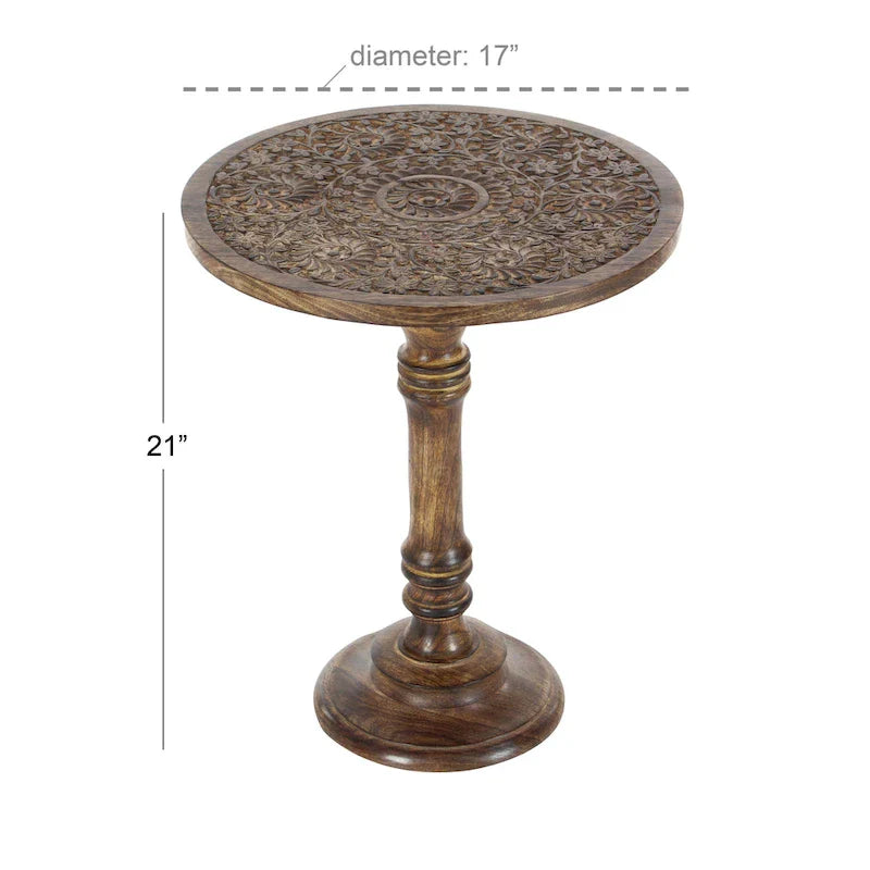 Intricately Carved Dark Brown Mango Wood Accent Table with Elephant or Floral Design and Turned Base - Roche River Decor 10