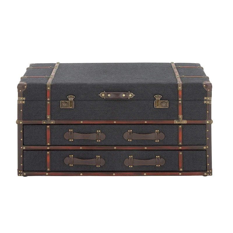 Roche River Decor Faux Leather or Linen Fabric Coffee Table Trunk with 2 Drawers and Buckle Hinged Top - Available in Dark Blue or Brown 11