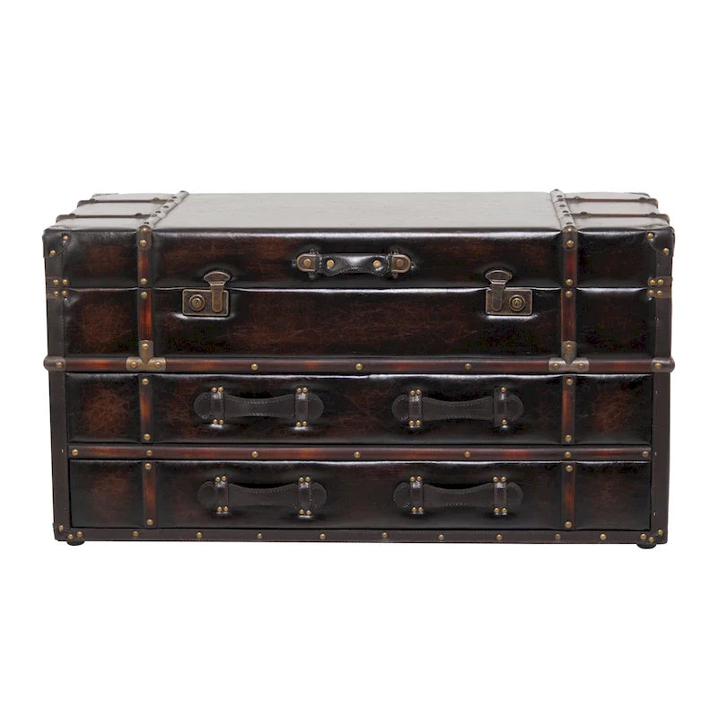 Roche River Decor Faux Leather or Linen Fabric Coffee Table Trunk with 2 Drawers and Buckle Hinged Top - Available in Dark Blue or Brown 12