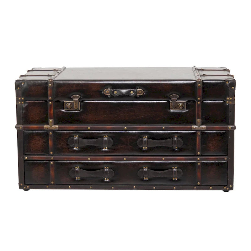 Roche River Decor Faux Leather or Linen Fabric Coffee Table Trunk with 2 Drawers and Buckle Hinged Top - Available in Dark Blue or Brown 1