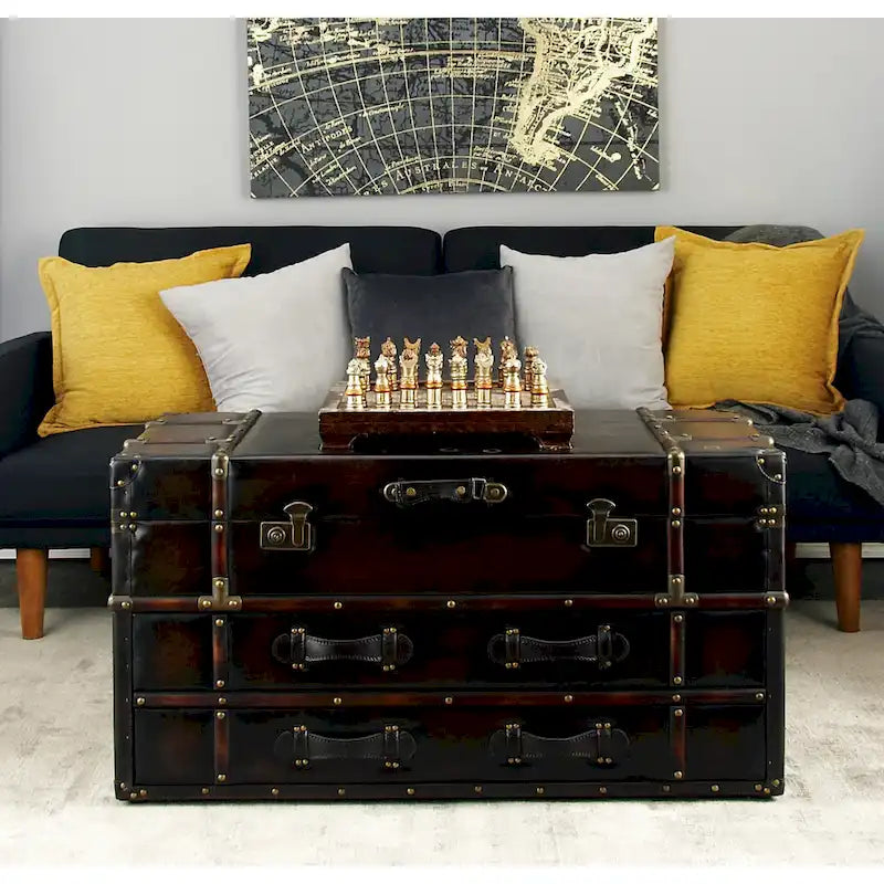 Roche River Decor Faux Leather or Linen Fabric Coffee Table Trunk with 2 Drawers and Buckle Hinged Top - Available in Dark Blue or Brown 2