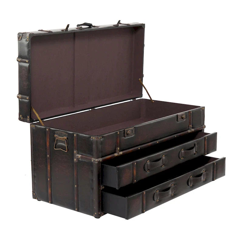 Roche River Decor Faux Leather or Linen Fabric Coffee Table Trunk with 2 Drawers and Buckle Hinged Top - Available in Dark Blue or Brown 3