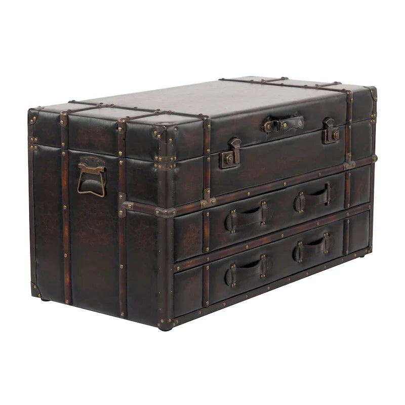 Roche River Decor Faux Leather or Linen Fabric Coffee Table Trunk with 2 Drawers and Buckle Hinged Top - Available in Dark Blue or Brown 4