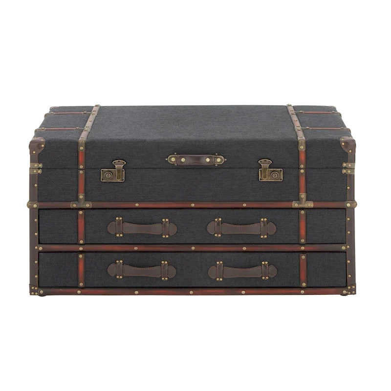 Roche River Decor Faux Leather or Linen Fabric Coffee Table Trunk with 2 Drawers and Buckle Hinged Top - Available in Dark Blue or Brown 6