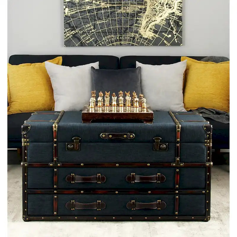 Roche River Decor Faux Leather or Linen Fabric Coffee Table Trunk with 2 Drawers and Buckle Hinged Top - Available in Dark Blue or Brown 7