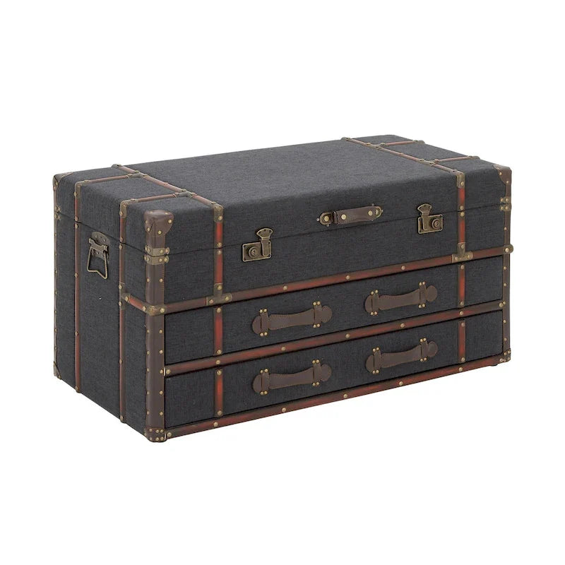 Roche River Decor Faux Leather or Linen Fabric Coffee Table Trunk with 2 Drawers and Buckle Hinged Top - Available in Dark Blue or Brown 8