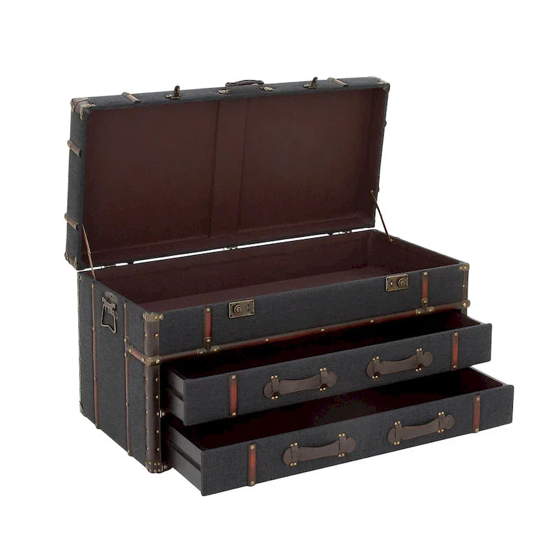 Roche River Decor Faux Leather or Linen Fabric Coffee Table Trunk with 2 Drawers and Buckle Hinged Top - Available in Dark Blue or Brown 9