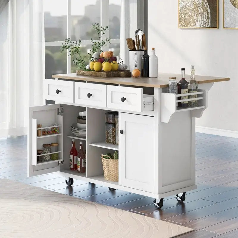 Versatile Drop-Leaf Kitchen Island Cart with 3 Drawers 21