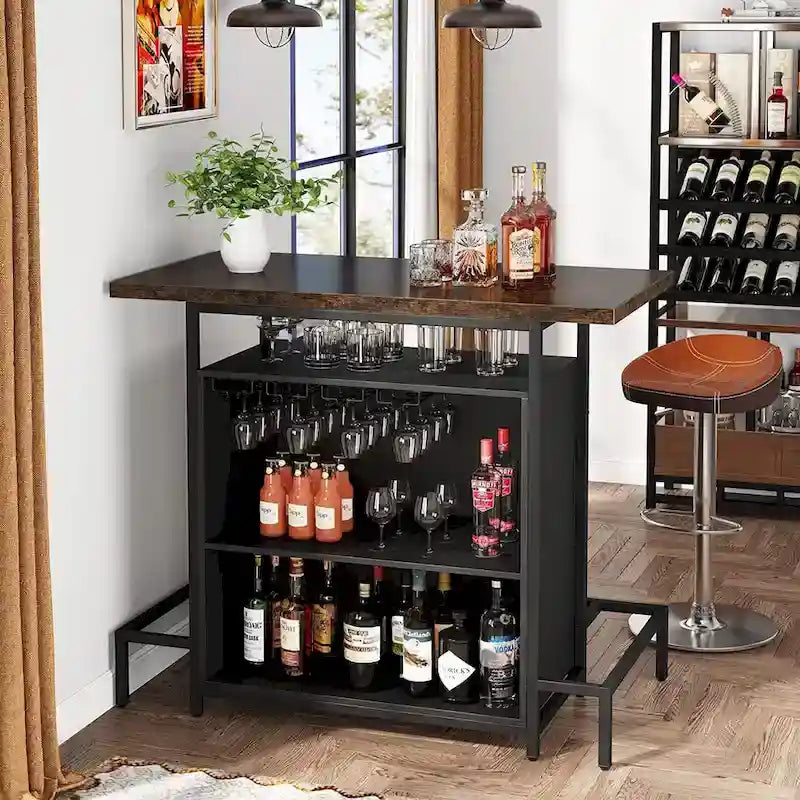 Home Bar Cabinet with Wine Storage Shelves Glass Rack and Footrest 1