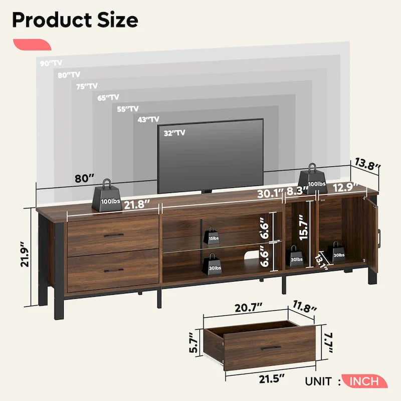 Contemporary 80-Inch TV Stand for 75/80/85 Inch TVs with 2 Drawers 21