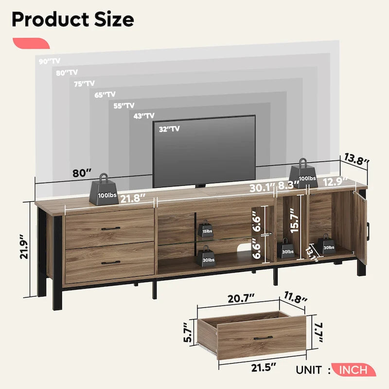 Contemporary 80-Inch TV Stand for 75/80/85 Inch TVs with 2 Drawers 30