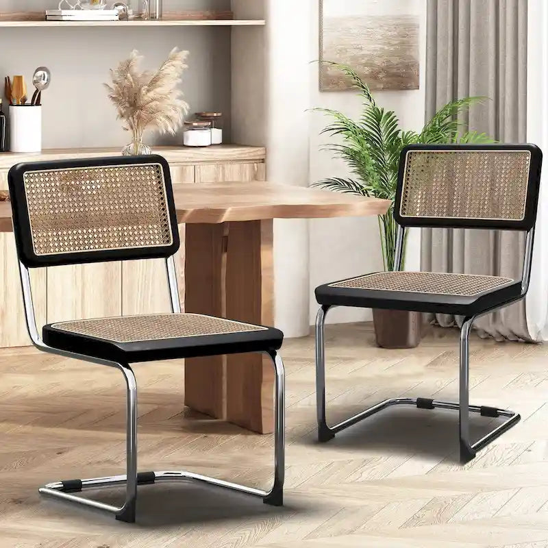 Set of 2 Upholstered Natural Rattan Dining Chairs - Armless Accent Side Chairs for Kitchen 1