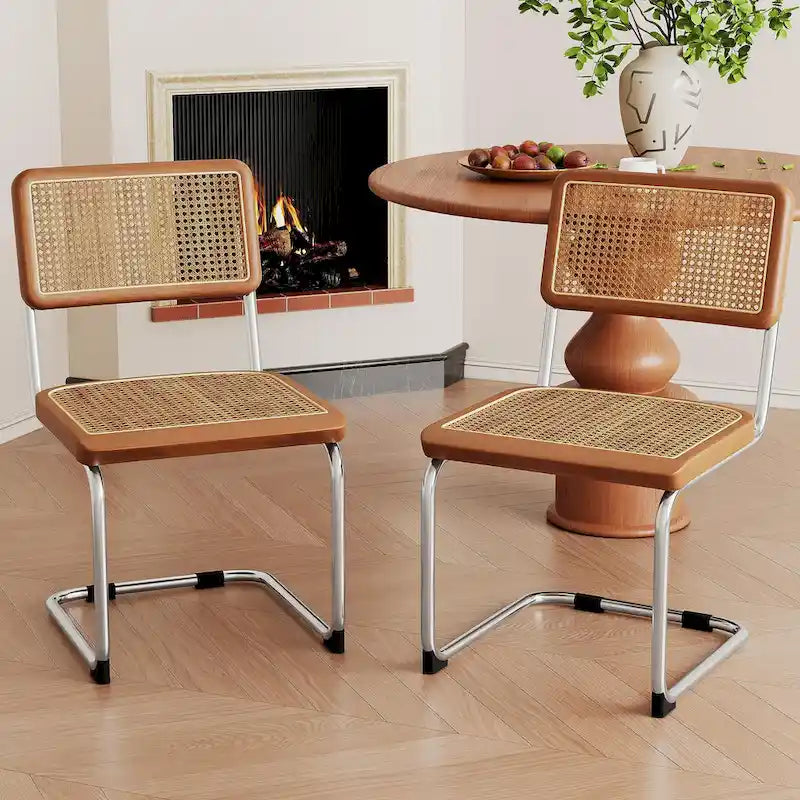 Set of 2 Upholstered Natural Rattan Dining Chairs - Armless Accent Side Chairs for Kitchen 7