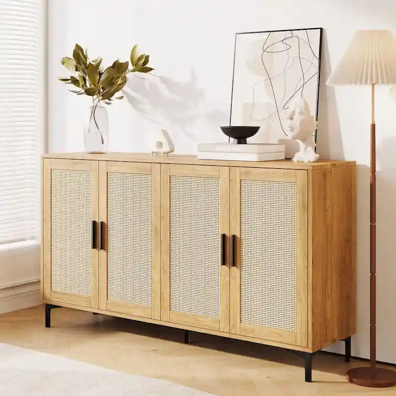 JASIWAY Rattan-Decorated Buffet Table and Kitchen Sideboard 1