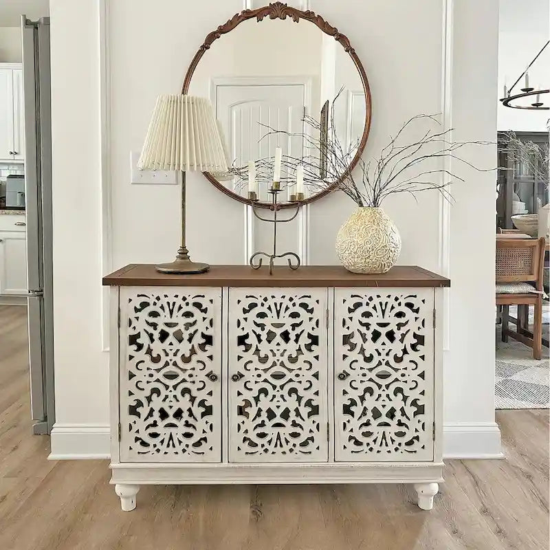 Vintage-Inspired Hollow-Carved 3-Door Storage Cabinet 28