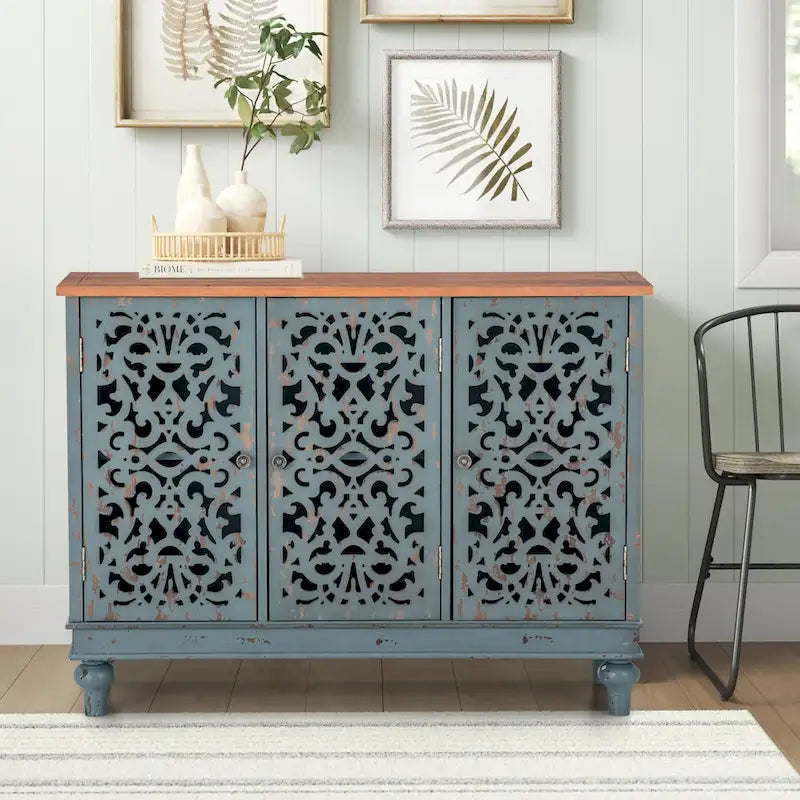 Vintage-Inspired Hollow-Carved 3-Door Storage Cabinet 1