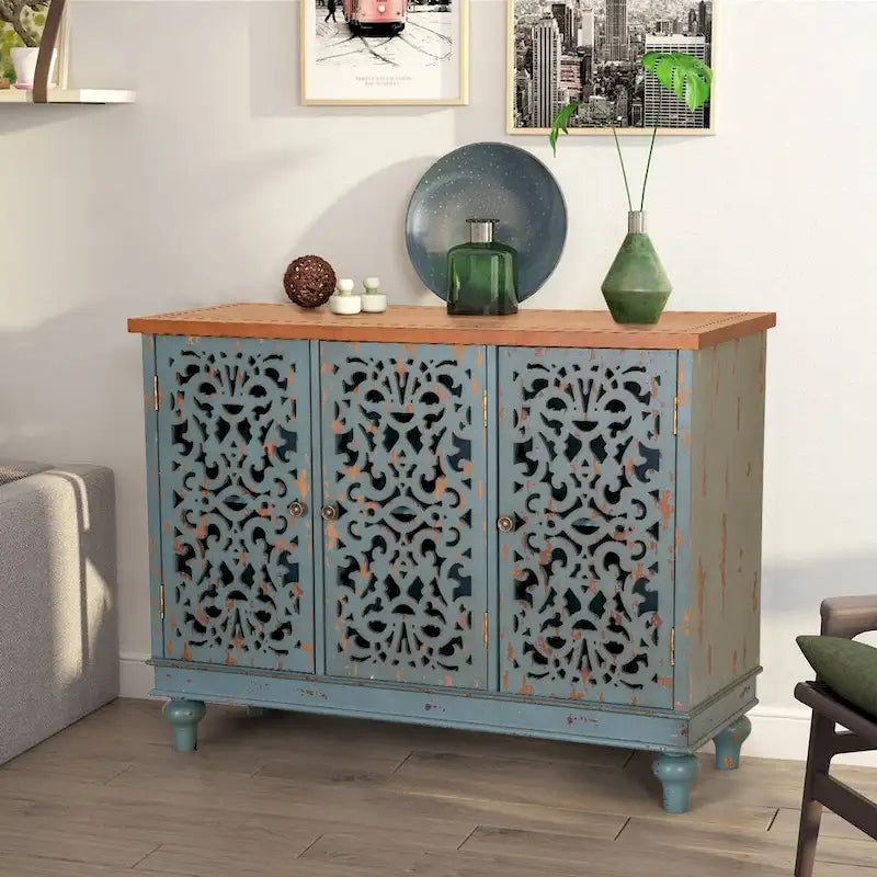 Vintage-Inspired Hollow-Carved 3-Door Storage Cabinet 2