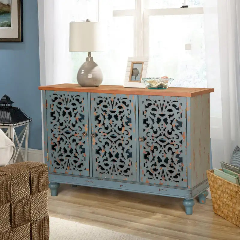 Vintage-Inspired Hollow-Carved 3-Door Storage Cabinet 3