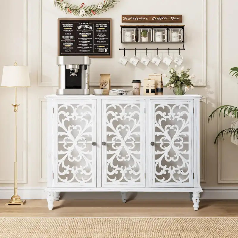 Vintage-Inspired Hollow-Carved 3-Door Storage Cabinet 4