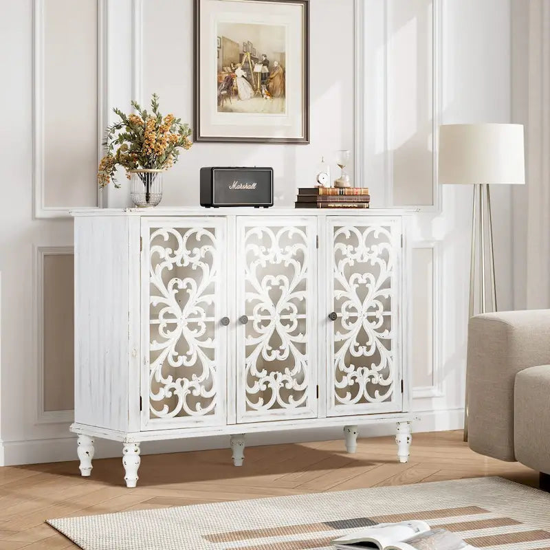 Vintage-Inspired Hollow-Carved 3-Door Storage Cabinet 5