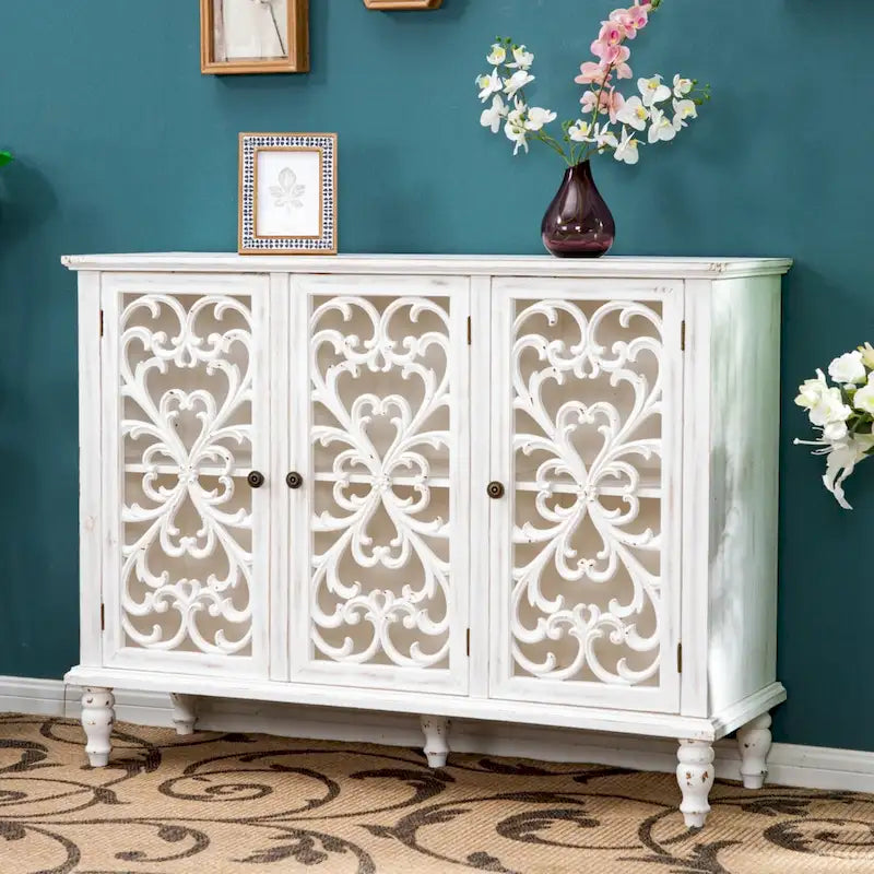 Vintage-Inspired Hollow-Carved 3-Door Storage Cabinet 6
