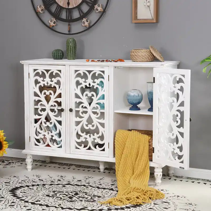 Vintage-Inspired Hollow-Carved 3-Door Storage Cabinet 7