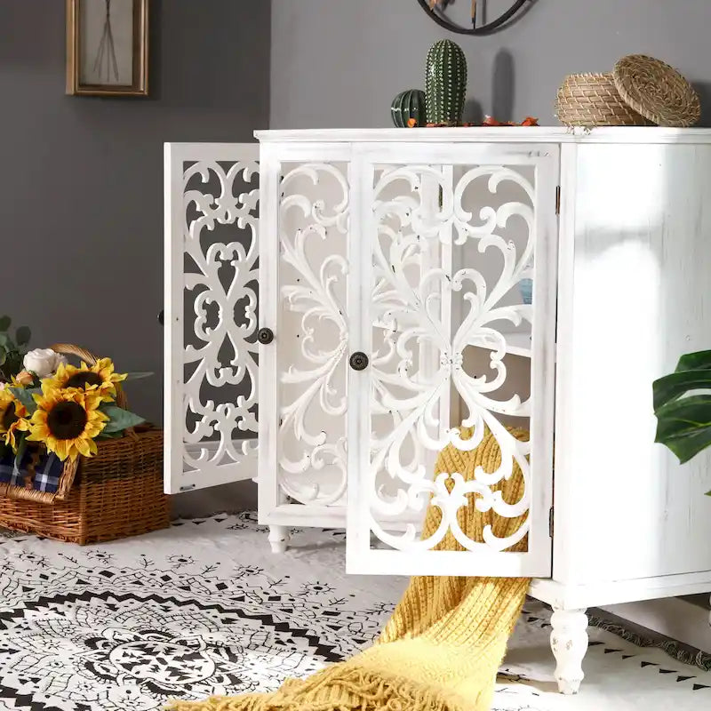 Vintage-Inspired Hollow-Carved 3-Door Storage Cabinet 11