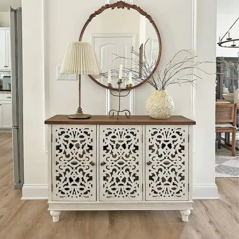 Vintage-Inspired Hollow-Carved 3-Door Storage Cabinet 12
