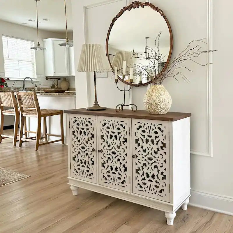 Vintage-Inspired Hollow-Carved 3-Door Storage Cabinet 13