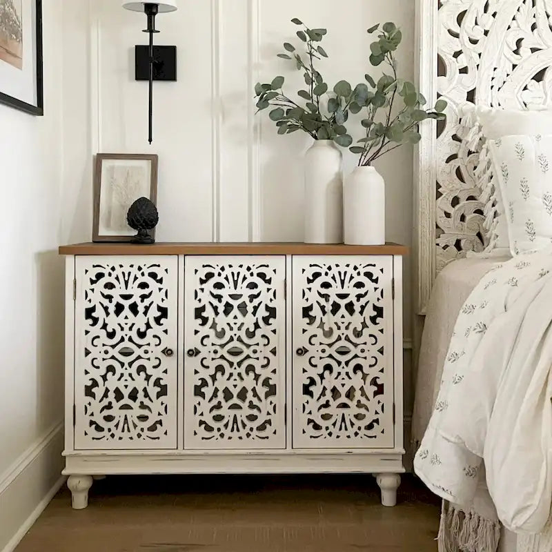 Vintage-Inspired Hollow-Carved 3-Door Storage Cabinet 14