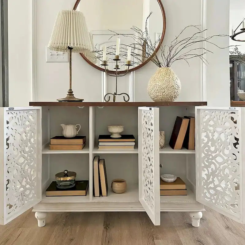 Vintage-Inspired Hollow-Carved 3-Door Storage Cabinet 15