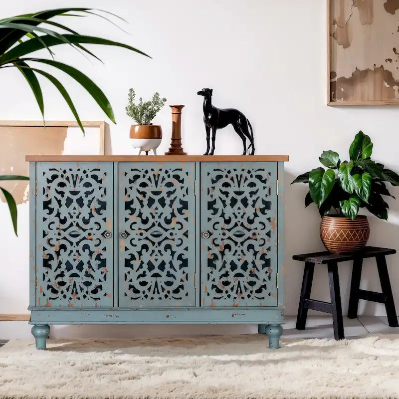 Vintage-Inspired Hollow-Carved 3-Door Storage Cabinet 20