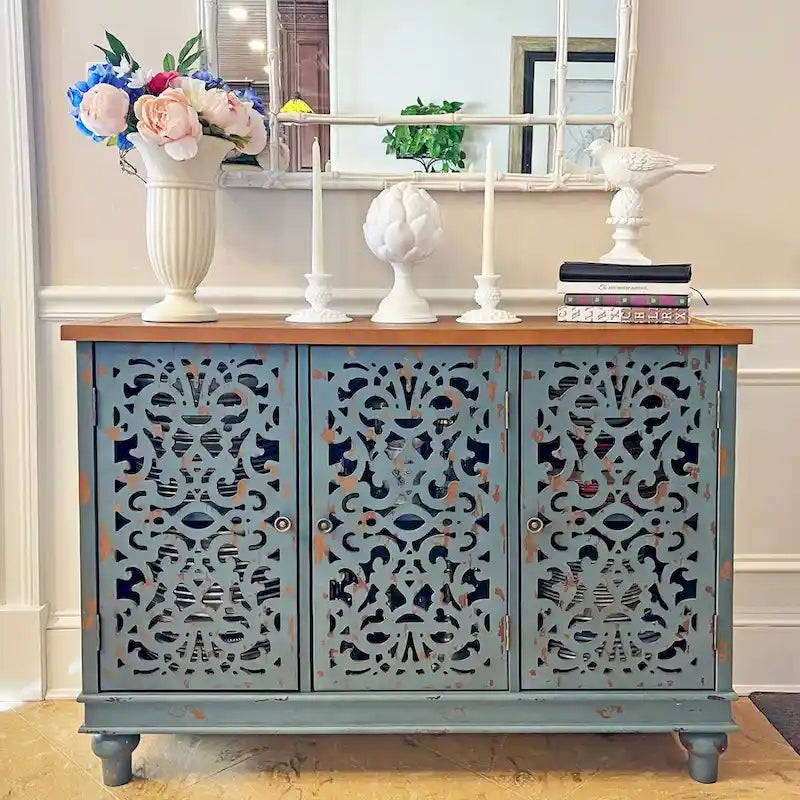 Vintage-Inspired Hollow-Carved 3-Door Storage Cabinet 21