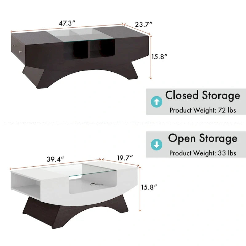 Modern Coffee Table with Glass Top Storage Shelves and LED Lighting 2