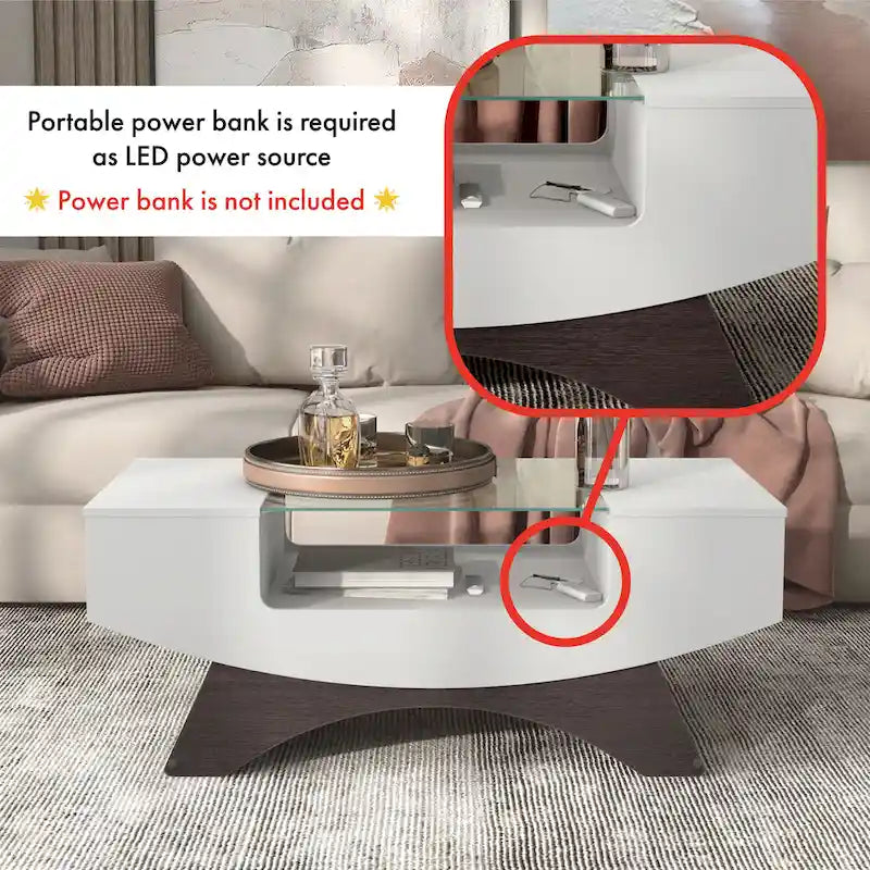 Modern Coffee Table with Glass Top Storage Shelves and LED Lighting 3